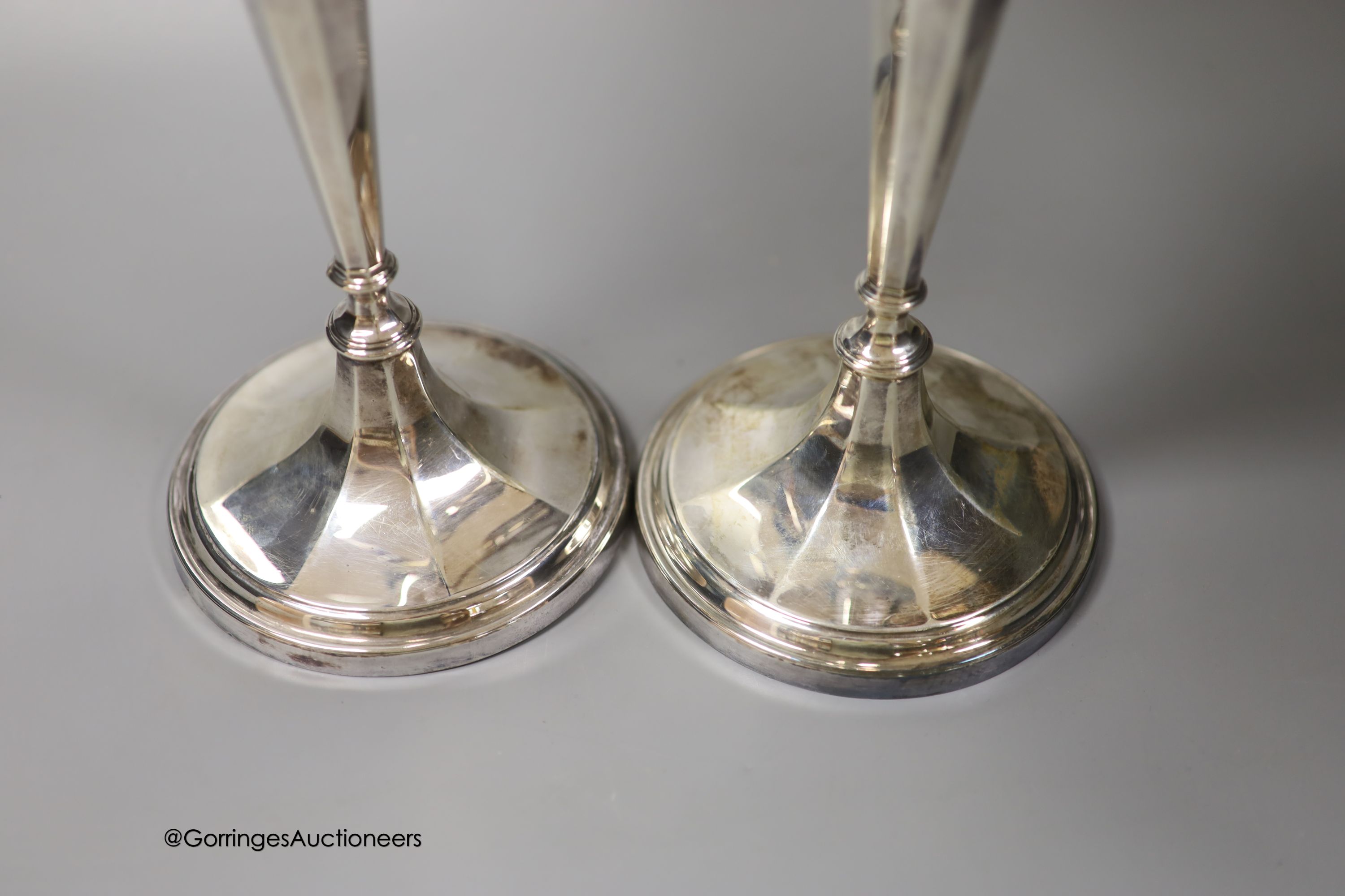 A modern pair of silver two branch, three light candelabra by C.J. Vander Ltd, Sheffield, 1962 & 1964, height 37cm, weighted (a.f.)